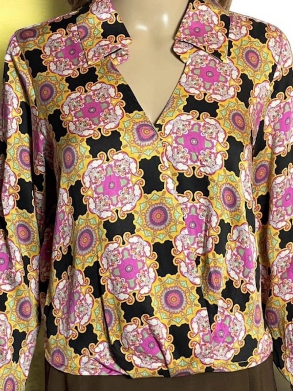 Haute Hippie Pink, Yellow & Black Medallion Print V-Neck Blouse
